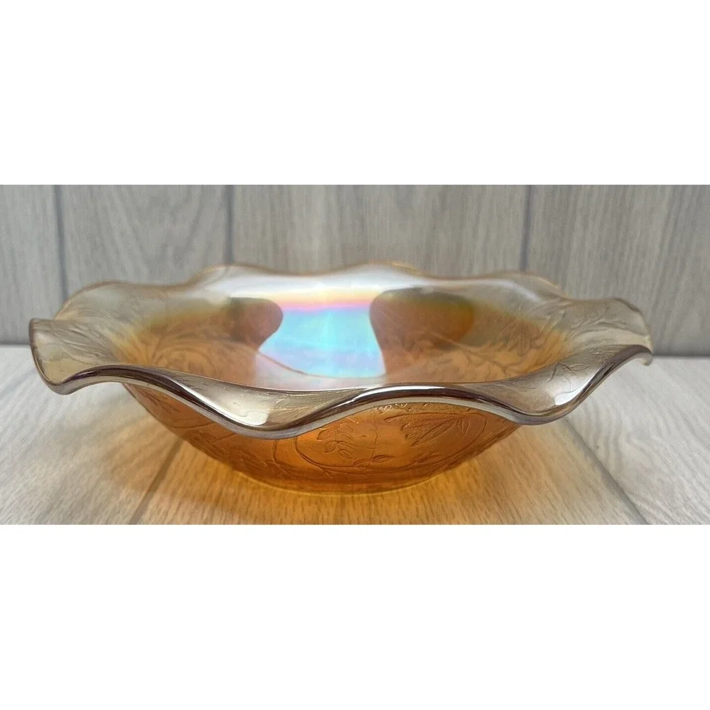 Vintage Marigold Carnival Glass Footed Bowl With Floral Pattern Fruit Serving